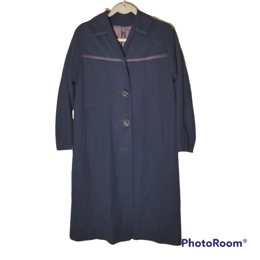 Vintage Pendleton Wool Long Trench Coat Womens Medium Navy Blue Button Front